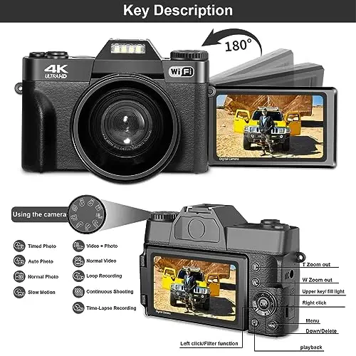 Digital Camera, 4K Vlogging Camera for YouTube 56MP 16X Digital Zoom Manual Focus Students Compact Photography Camera with 52mm Wide-Angle & Macro Lens, 32G TF Card and 2 Batteries(Black) - 4
