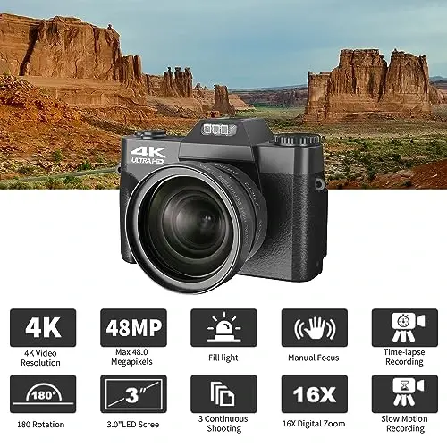 Digital Camera, 4K Vlogging Camera for YouTube 56MP 16X Digital Zoom Manual Focus Students Compact Photography Camera with 52mm Wide-Angle & Macro Lens, 32G TF Card and 2 Batteries(Black) - 3