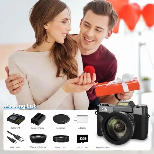 Digital Camera, 4K Vlogging Camera for YouTube 56MP 16X Digital Zoom Manual Focus Students Compact Photography Camera with 52mm Wide-Angle & Macro Lens, 32G TF Card and 2 Batteries(Black) - 5