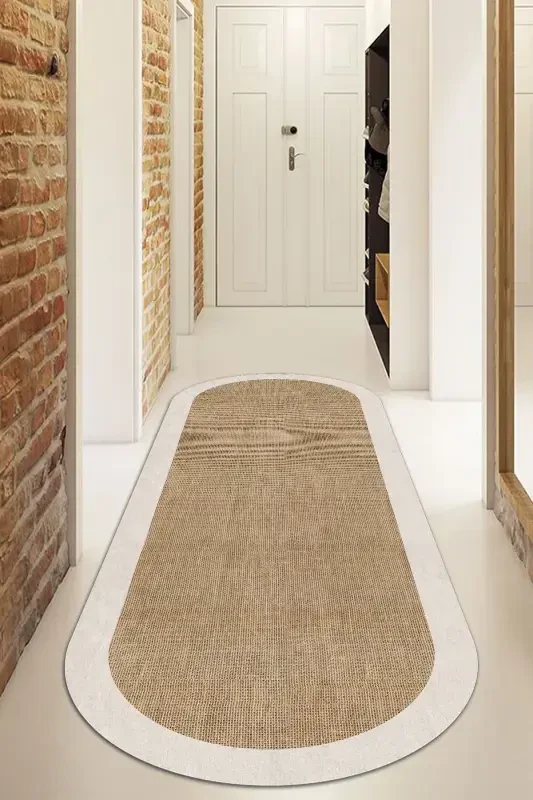 Dijital Kaymaz Yıkanabilir Bej Salon Halısı Mutfak Halısı Koridor Halısı Oval Halı Yolluk-d7024-Bej1 - DECOMIA HOME