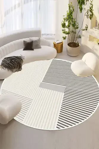 Dijital Kaymaz Yıkanabilir Çizgili Yuvarlak Salon Halısı Mutfak Halısı Koridor Halısı Balkon Halısı-GRİ - DECOMIA HOME (1)