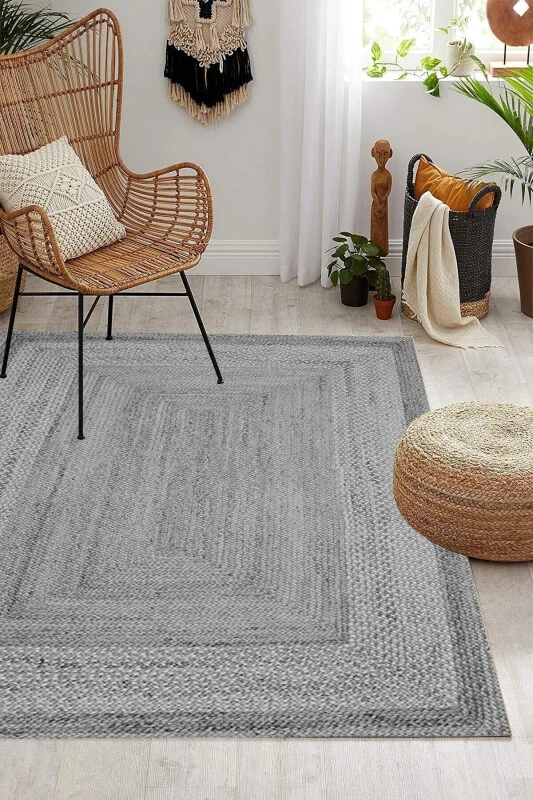 Dijital Kaymaz Yıkanabilir Hasır Jüt Görünüm Modern Salon Halısı Mutfak Halısı Balkon Halısı-Gri - DECOMIA HOME