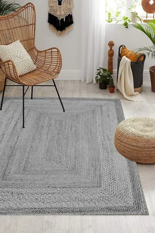 Dijital Kaymaz Yıkanabilir Hasır Jüt Görünüm Modern Salon Halısı Mutfak Halısı Balkon Halısı-Gri - 1