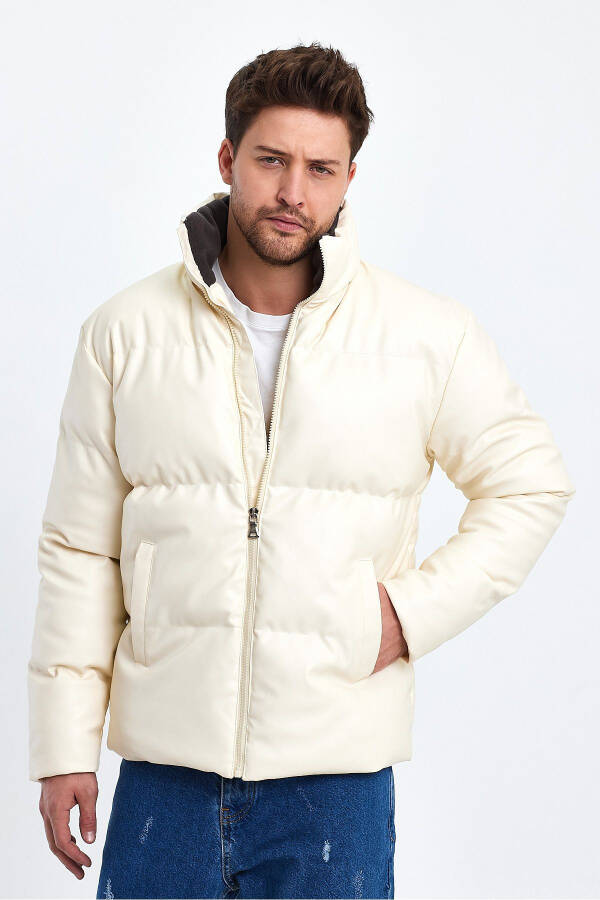 Dik Yaka Deri Şişme Mont AF-K50641PRM-Ekru - 1