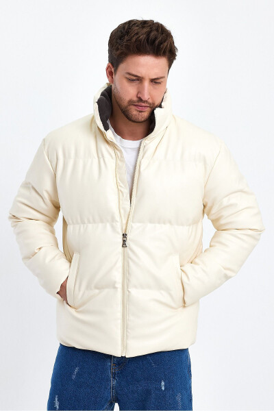 Dik Yaka Deri Şişme Mont AF-K50641PRM-Ekru - 3