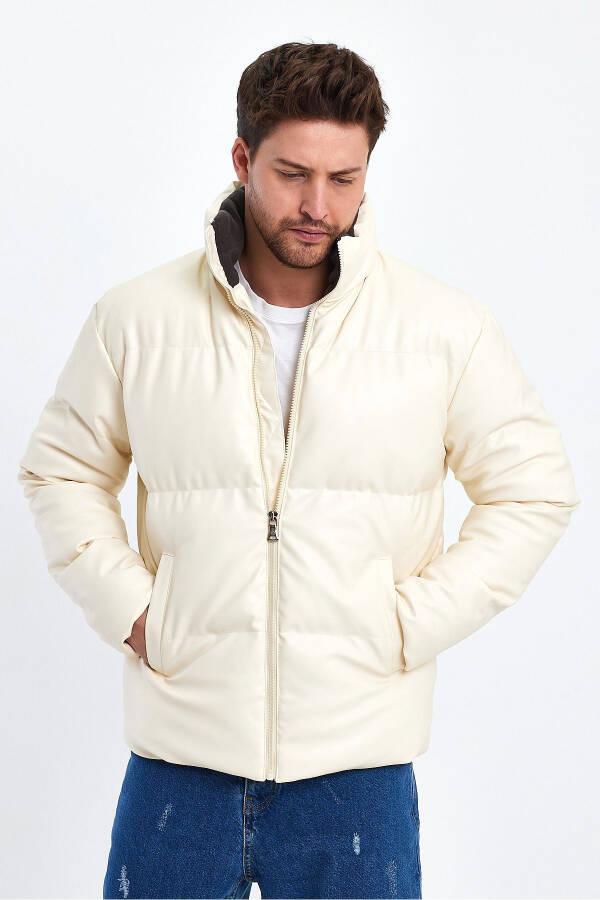 Dik Yaka Deri Şişme Mont AF-K50641PRM-Ekru - 3