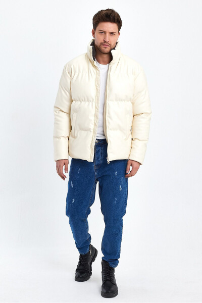 Dik Yaka Deri Şişme Mont AF-K50641PRM-Ekru - 6