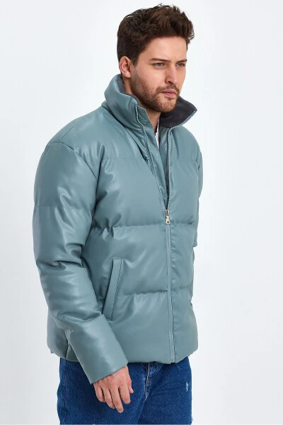 Dik Yaka Deri Şişme Mont AF-K50641PRM-Yeşil - WEYEZE (1)