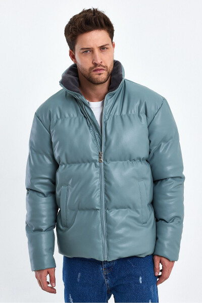 Dik Yaka Deri Şişme Mont AF-K50641PRM-Yeşil - 3