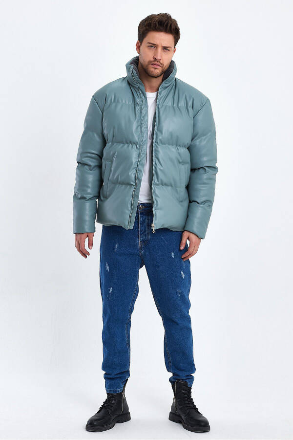 Dik Yaka Deri Şişme Mont AF-K50641PRM-Yeşil - 6