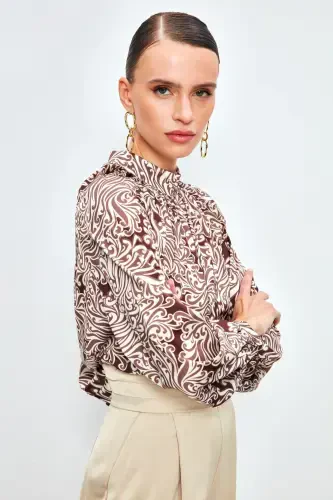 Dik Yaka Desenli Bluz - Kahve - 5