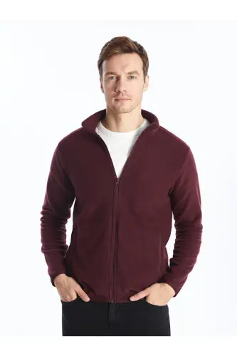 Dik Yaka Uzun Kollu Erkek Polar Hırka-Bordo - 1