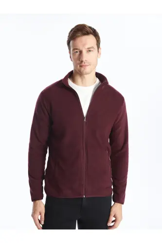 Dik Yaka Uzun Kollu Erkek Polar Hırka-Bordo - 2