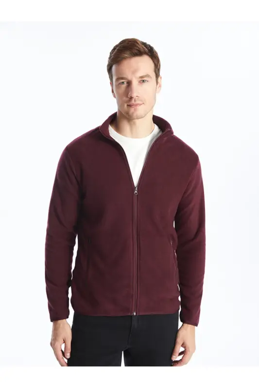 Dik Yaka Uzun Kollu Erkek Polar Hırka-Bordo - 2