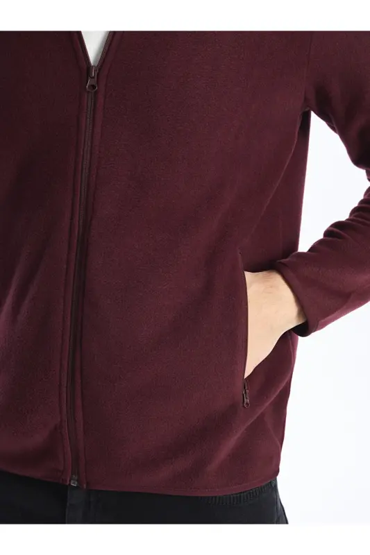 Dik Yaka Uzun Kollu Erkek Polar Hırka-Bordo - 4