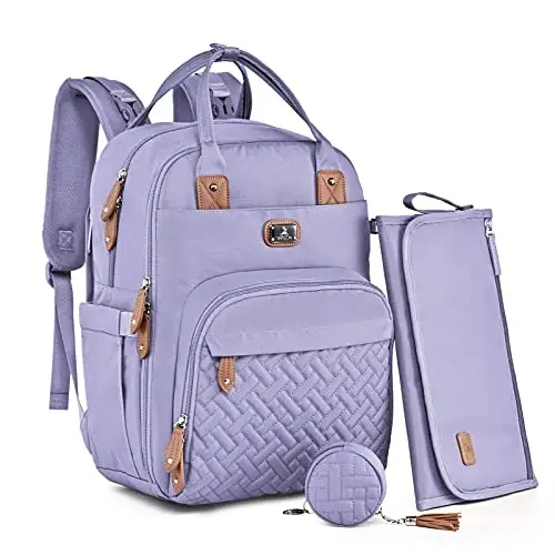 Dikaslon Diaper Bag Backpack with Portable Changing Pad, Pacifier Case and Stroller Straps, Large Unisex Baby Bags for Boys Girls, Multipurpose Travel Back Pack Moms Dads, Taro Purple - 1