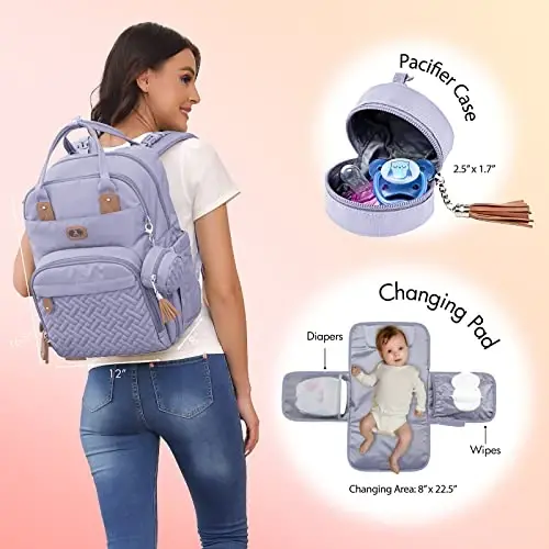 Dikaslon Diaper Bag Backpack with Portable Changing Pad, Pacifier Case and Stroller Straps, Large Unisex Baby Bags for Boys Girls, Multipurpose Travel Back Pack Moms Dads, Taro Purple - 2