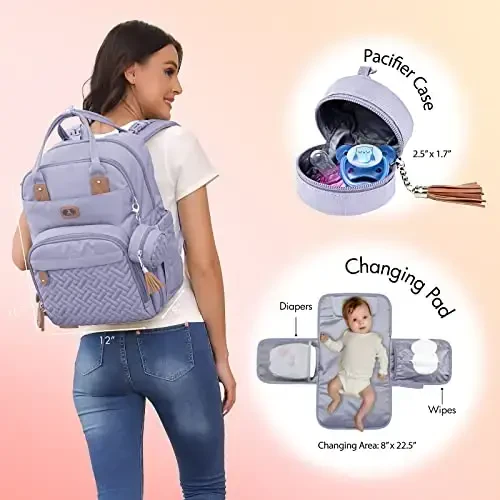 Dikaslon Diaper Bag Backpack with Portable Changing Pad, Pacifier Case and Stroller Straps, Large Unisex Baby Bags for Boys Girls, Multipurpose Travel Back Pack Moms Dads, Taro Purple - DIKASLON (1)