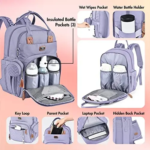 Dikaslon Diaper Bag Backpack with Portable Changing Pad, Pacifier Case and Stroller Straps, Large Unisex Baby Bags for Boys Girls, Multipurpose Travel Back Pack Moms Dads, Taro Purple - 4