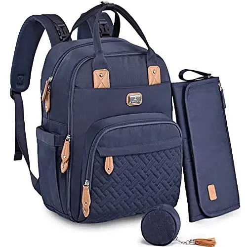 Dikaslon Diaper Bag Backpack with Portable Changing Pad, Pacifier Case and Stroller Straps, Large Unisex Baby Bags for Boys Girls, Multipurpose Travel Back Pack Moms Dads, Navy Blue 