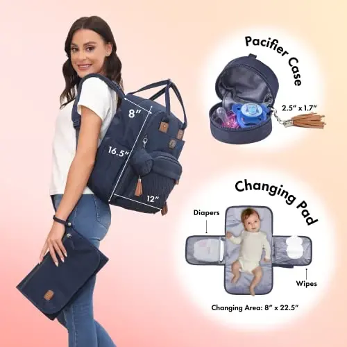 Dikaslon Diaper Bag Backpack with Portable Changing Pad, Pacifier Case and Stroller Straps, Large Unisex Baby Bags for Boys Girls, Multipurpose Travel Back Pack Moms Dads, Navy Blue - DIKASLON (1)
