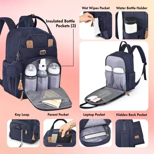 Dikaslon Diaper Bag Backpack with Portable Changing Pad, Pacifier Case and Stroller Straps, Large Unisex Baby Bags for Boys Girls, Multipurpose Travel Back Pack Moms Dads, Navy Blue - 4