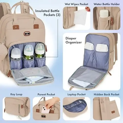 Dikaslon Diaper Bag Backpack with Portable Changing Pad, Pacifier Case and Stroller Straps, Large Unisex Baby Bags for Boys Girls, Multipurpose Travel Back Pack for Moms Dads, Milk Tea Khaki - 3