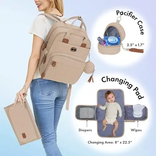 Dikaslon Diaper Bag Backpack with Portable Changing Pad, Pacifier Case and Stroller Straps, Large Unisex Baby Bags for Boys Girls, Multipurpose Travel Back Pack for Moms Dads, Milk Tea Khaki - 2