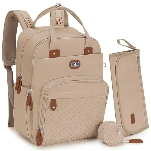 Dikaslon Diaper Bag Backpack with Portable Changing Pad, Pacifier Case and Stroller Straps, Large Unisex Baby Bags for Boys Girls, Multipurpose Travel Back Pack for Moms Dads, Milk Tea Khaki - 1