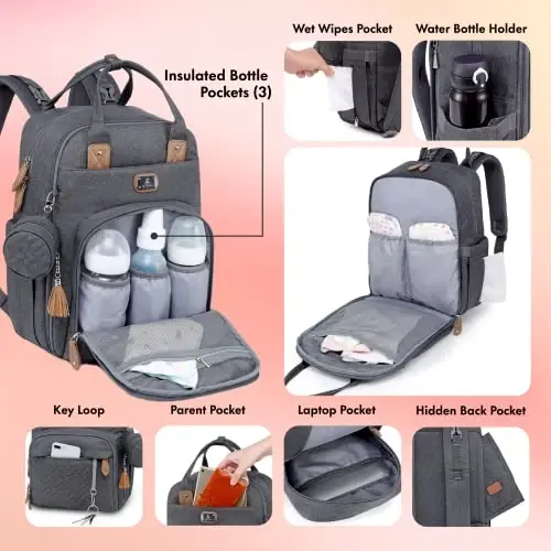 Dikaslon Diaper Bag Backpack with Portable Changing Pad, Pacifier Case and Stroller Straps, Large Unisex Baby Bags for Boys Girls, Multipurpose Travel Back Pack for Moms Dads, Dark Gray - 4