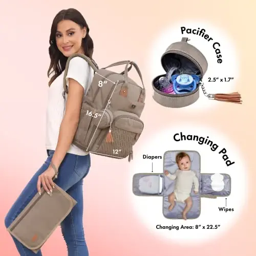 Dikaslon Diaper Bag Backpack with Portable Changing Pad, Pacifier Case and Stroller Straps, Large Unisex Baby Bags for Boys Girls, Multipurpose Travel Back Pack Moms Dads,Khaki - DIKASLON (1)