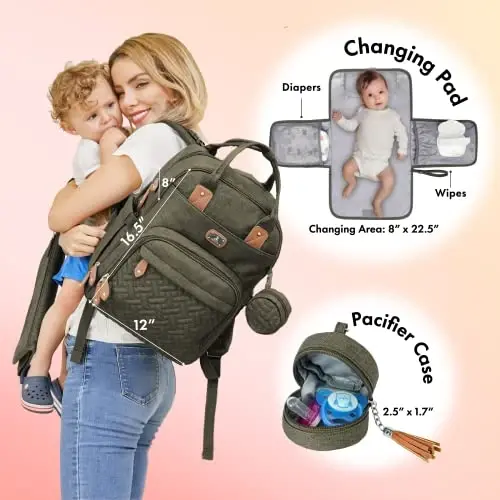 Dikaslon Diaper Bag Backpack with Portable Changing Pad, Pacifier Case and Stroller Straps, Large Unisex Baby Bags for Boys Girls, Multipurpose Travel Back Pack for Moms Dads, Army Green - 2