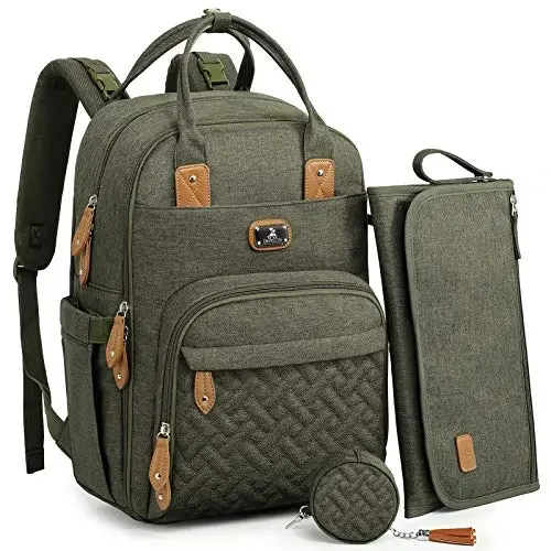 Dikaslon Diaper Bag Backpack with Portable Changing Pad, Pacifier Case and Stroller Straps, Large Unisex Baby Bags for Boys Girls, Multipurpose Travel Back Pack for Moms Dads, Army Green 