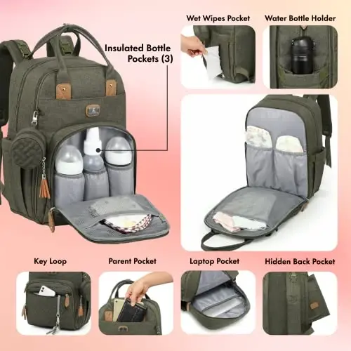 Dikaslon Diaper Bag Backpack with Portable Changing Pad, Pacifier Case and Stroller Straps, Large Unisex Baby Bags for Boys Girls, Multipurpose Travel Back Pack for Moms Dads, Army Green - 4