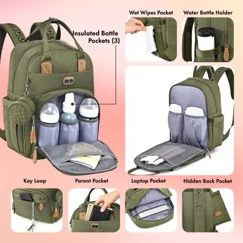 Dikaslon Diaper Bag Backpack with Portable Changing Pad, Pacifier Case and Stroller Straps, Large Unisex Baby Bags for Boys Girls, Multipurpose Travel Back Pack Moms Dads, Green - 4