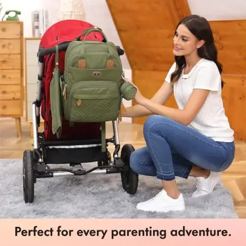 Dikaslon Diaper Bag Backpack with Portable Changing Pad, Pacifier Case and Stroller Straps, Large Unisex Baby Bags for Boys Girls, Multipurpose Travel Back Pack Moms Dads, Green - 6