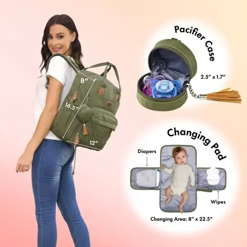 Dikaslon Diaper Bag Backpack with Portable Changing Pad, Pacifier Case and Stroller Straps, Large Unisex Baby Bags for Boys Girls, Multipurpose Travel Back Pack Moms Dads, Green - 2