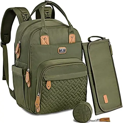 Dikaslon Diaper Bag Backpack with Portable Changing Pad, Pacifier Case and Stroller Straps, Large Unisex Baby Bags for Boys Girls, Multipurpose Travel Back Pack Moms Dads, Green 
