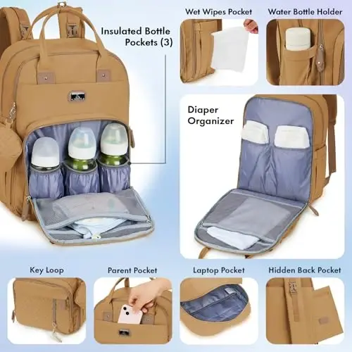 Dikaslon Diaper Bag Backpack with Portable Changing Pad, Pacifier Case and Stroller Straps, Large Unisex Baby Bags for Boys Girls, Multipurpose Travel Back Pack for Moms Dads, Tan - 3