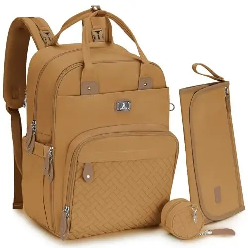 Dikaslon Diaper Bag Backpack with Portable Changing Pad, Pacifier Case and Stroller Straps, Large Unisex Baby Bags for Boys Girls, Multipurpose Travel Back Pack for Moms Dads, Tan - 1