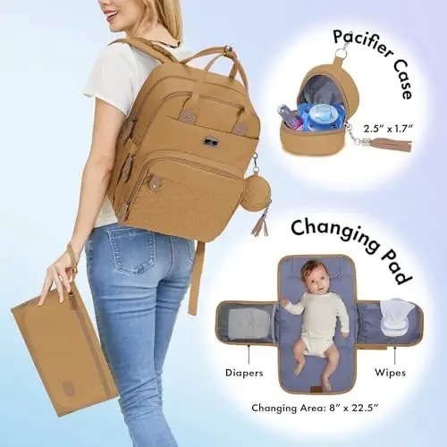 Dikaslon Diaper Bag Backpack with Portable Changing Pad, Pacifier Case and Stroller Straps, Large Unisex Baby Bags for Boys Girls, Multipurpose Travel Back Pack for Moms Dads, Tan - 2