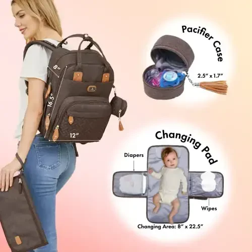Dikaslon Diaper Bag Backpack with Portable Changing Pad, Pacifier Case and Stroller Straps, Large Unisex Baby Bags for Boys Girls, Multipurpose Travel Back Pack Moms Dads, Brown - 2