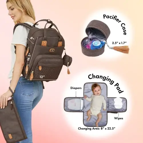Dikaslon Diaper Bag Backpack with Portable Changing Pad, Pacifier Case and Stroller Straps, Large Unisex Baby Bags for Boys Girls, Multipurpose Travel Back Pack Moms Dads, Brown - DIKASLON (1)