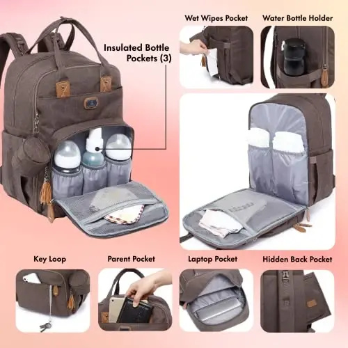 Dikaslon Diaper Bag Backpack with Portable Changing Pad, Pacifier Case and Stroller Straps, Large Unisex Baby Bags for Boys Girls, Multipurpose Travel Back Pack Moms Dads, Brown - 4