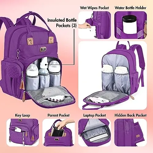 Dikaslon Diaper Bag Backpack with Portable Changing Pad, Pacifier Case and Stroller Straps, Large Unisex Baby Bags for Boys Girls, Multipurpose Travel Back Pack Moms Dads, Purple - 4