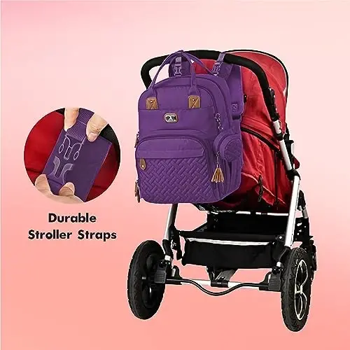 Dikaslon Diaper Bag Backpack with Portable Changing Pad, Pacifier Case and Stroller Straps, Large Unisex Baby Bags for Boys Girls, Multipurpose Travel Back Pack Moms Dads, Purple - 6