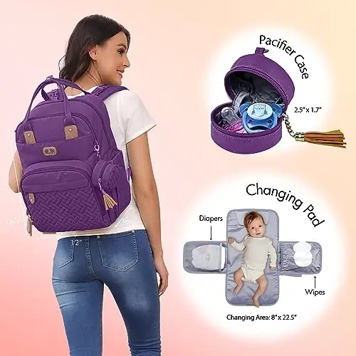 Dikaslon Diaper Bag Backpack with Portable Changing Pad, Pacifier Case and Stroller Straps, Large Unisex Baby Bags for Boys Girls, Multipurpose Travel Back Pack Moms Dads, Purple - 2