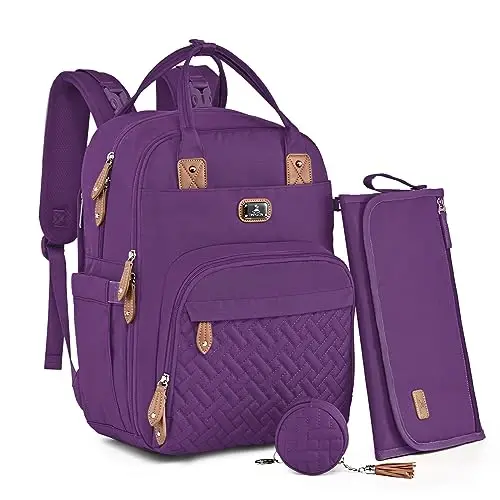 Dikaslon Diaper Bag Backpack with Portable Changing Pad, Pacifier Case and Stroller Straps, Large Unisex Baby Bags for Boys Girls, Multipurpose Travel Back Pack Moms Dads, Purple - 1