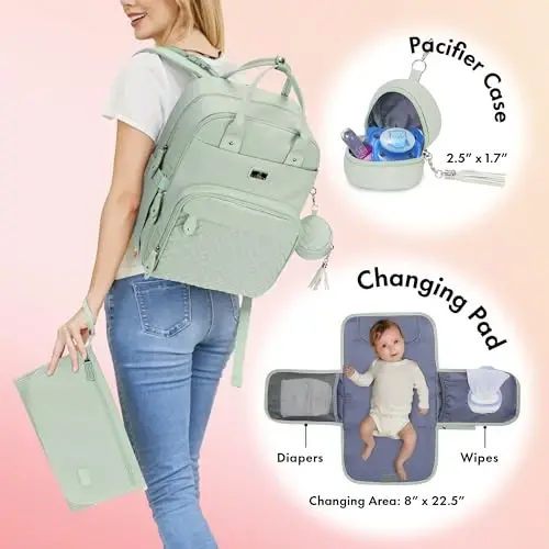 Dikaslon Diaper Bag Backpack with Portable Changing Pad, Pacifier Case and Stroller Straps, Large Unisex Baby Bags for Boys Girls, Multipurpose Travel Back Pack for Moms Dads, Mint Green - DIKASLON (1)