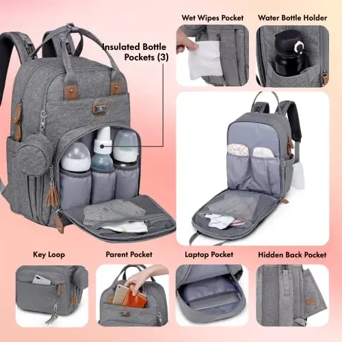 Dikaslon Diaper Bag Backpack with Portable Changing Pad, Pacifier Case and Stroller Straps, Large Unisex Baby Bags for Boys Girls, Multipurpose Travel Back Pack Moms Dads, Gray - 4